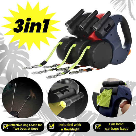 Shark Electronics™ 3-in-1 Dual Pet Leash – Built-In LED Light & Poop Bag Holder